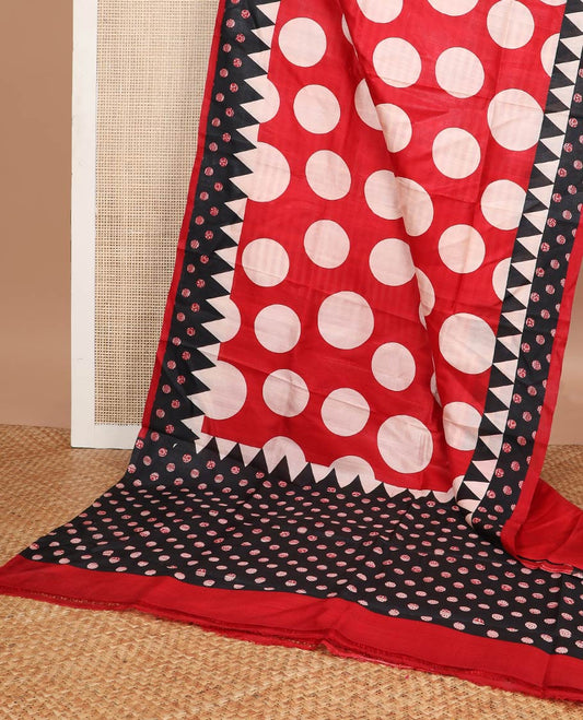 Red with white polka dot printed silk saree with contrast geometric design border & polka dot pallu