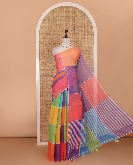 Borderless multi colour  colorful big checked geometric theme printed linen saree, striped pallu and contrast plain blouse