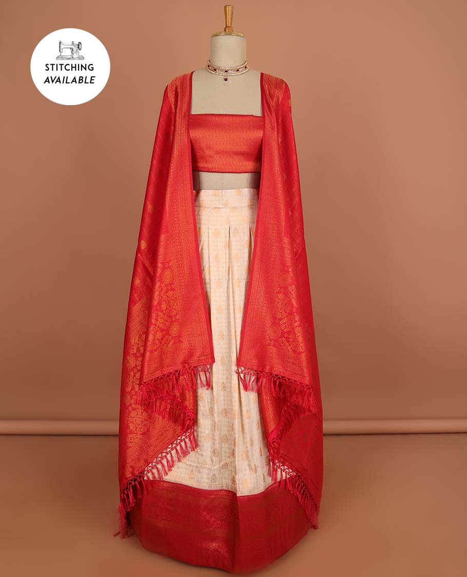 Cream checked , floral design half saree with contrast border, zari design blouse & striped , floral dhavani