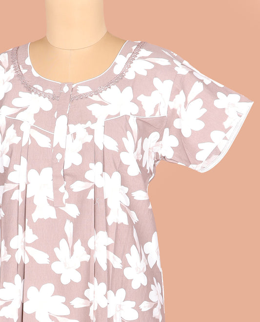 Grey Cotton Nighty Detailed with Silhouette Floral Motifs Print, Featuring Lace Work, Round Front Neck, and Half Sleeves