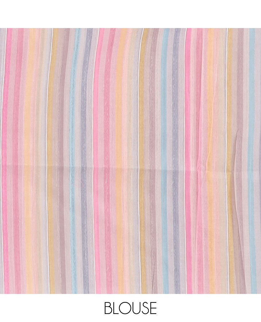 Grey semi-banaras tussar saree with contrast striped border & multi-colored striped pallu