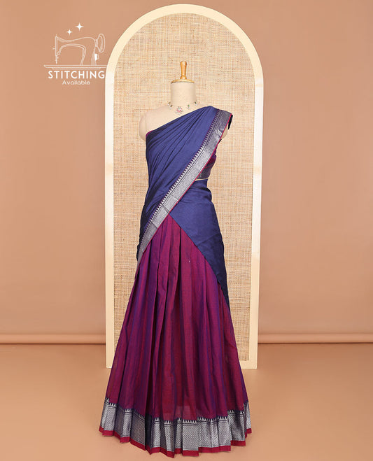 Violet half saree with self zari design border, zari design blouse & plain, temple, checked design border dhavani