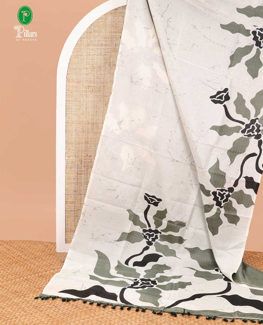 Cream with olive green  marble print big flower patti design khadi tussar cotton saree with contrast blouse