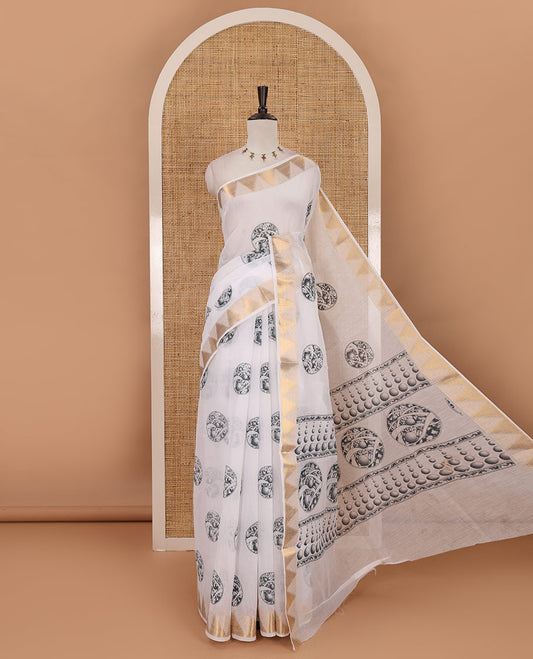 White-green circular motifs printed mercerised cotton saree, gold zari temple  border, circular motifs printed pallu & matching zari border blouse
