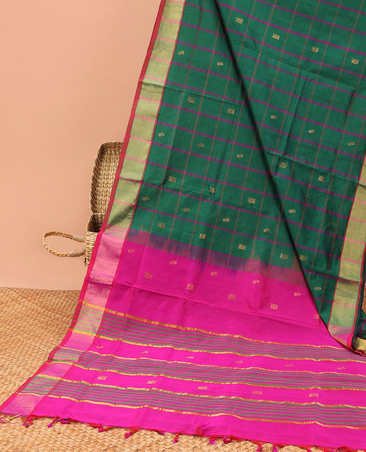 Green checked kuppadam cotton saree with buttas, striped border & contrast pallu of stripes