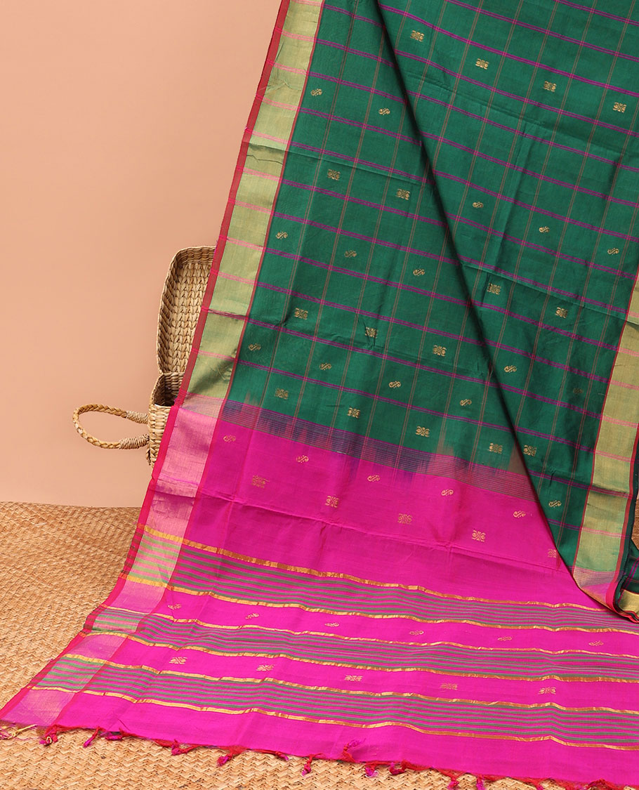 Green checked kuppadam cotton saree with buttas, striped border & contrast pallu of stripes