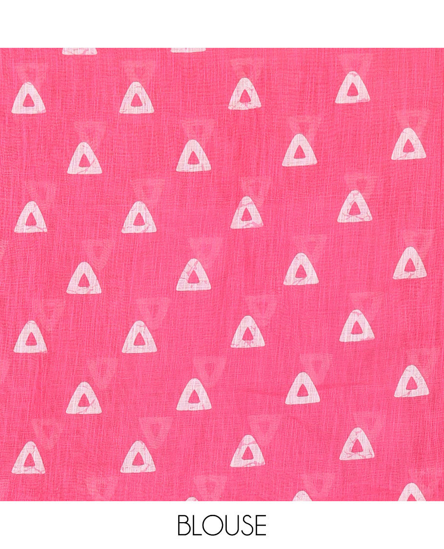 Pink plain linen cotton saree, temple zig-zag striped batik printed border, batik printed pallu, and triangle motifs batik printed blouse