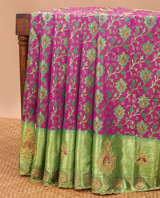 Purple floral design vastrakala silk saree with stone work, contrast floral stone work scallop border & floral design in stone work pallu