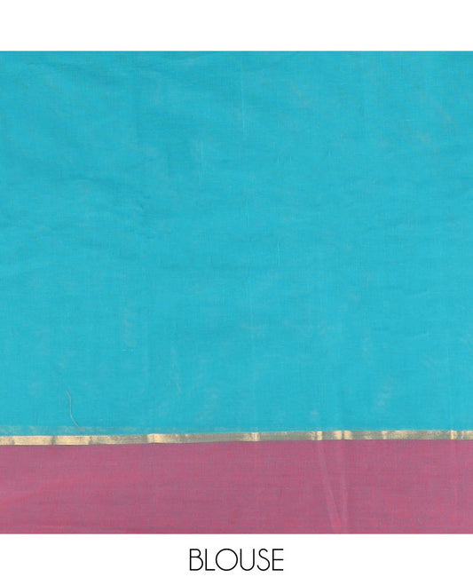 Blue floral motifs kanchi cotton saree with contrast floral design border & floral design pallu