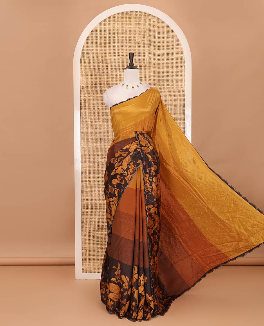 Brown ombre-colored floral printed silk crepe saree, swarovski stone work scallop border, printed pallu & printed blouse