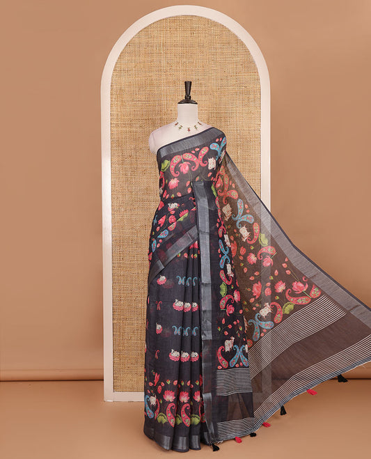 Elephant grey Pichwai Lotus, cow, and paisleys printed linen cotton saree, silver zari border, striped pallu and plain blouse