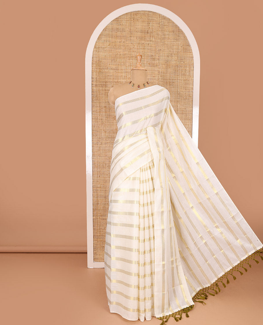 Borderless cream and olive green horizontal muthu zari striped Kerala cotton saree, self-pallu with tassels, and a matching blouse