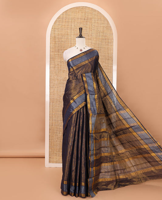 Navy blue gold zari tissue-style sungudi cotton saree, silver-lined border, silver-lined pallu & matching striped Navy blue blouse