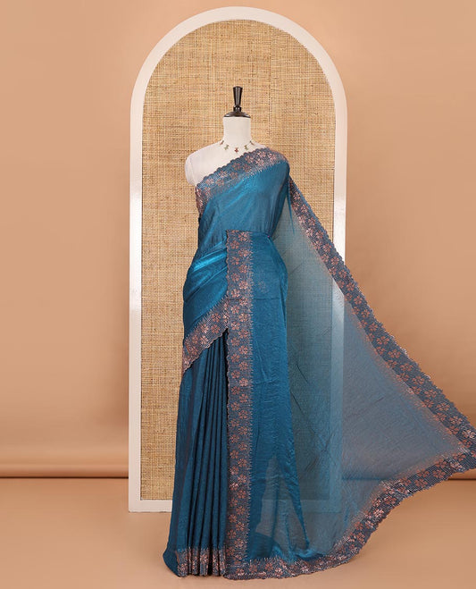 Blue full-plain Fendy satin saree, scallop floral micro-stone embroidered border, self-pallu & contrast stone work blouse