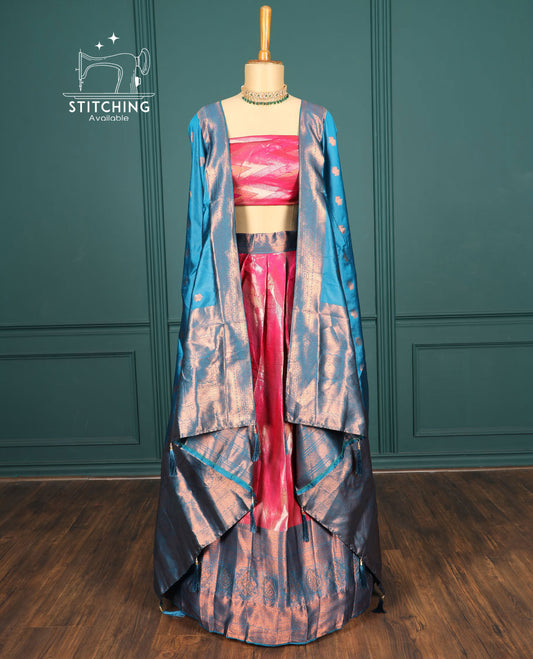 Pink chevron artsilk halfsaree,contrast traditional zari design & stonework border,blouse & intricate dhavani