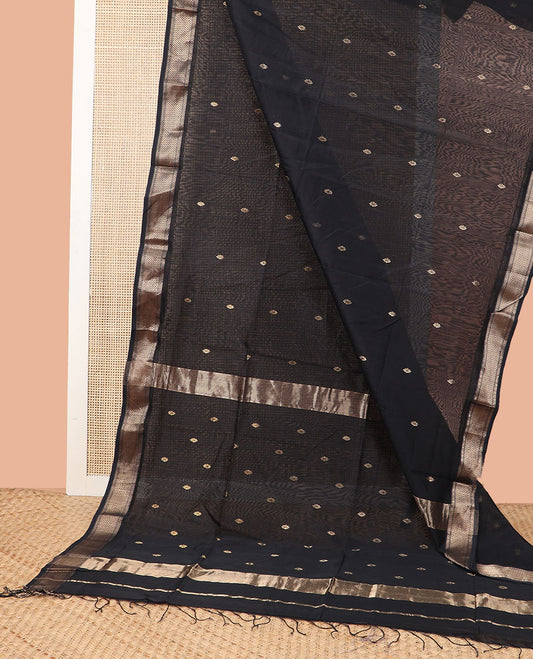 Black motifs maheshwari cotton saree with self zari design border & striped, floral design pallu