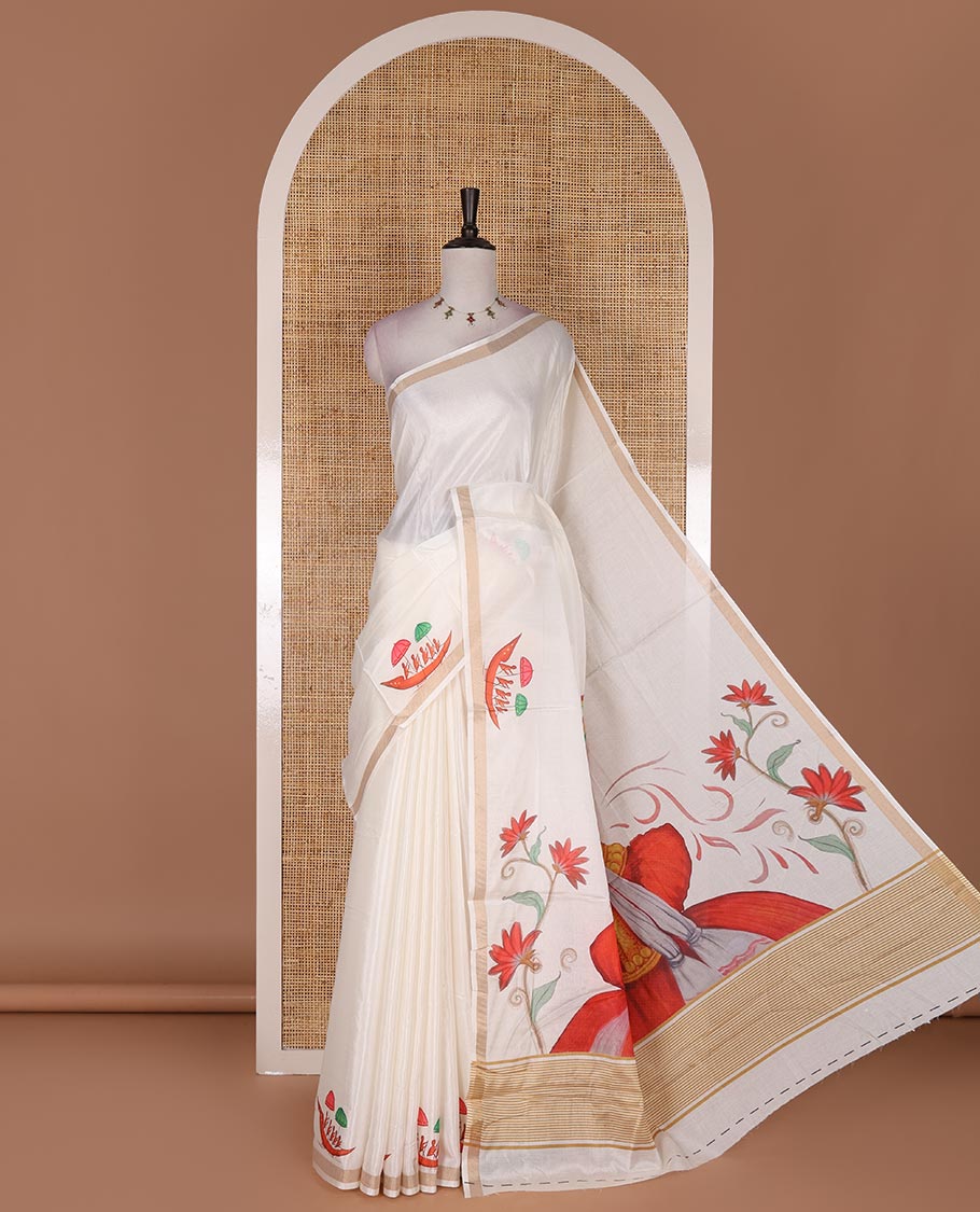 Half-white boat motifs printed Kerala cotton saree, zari border, pallu of kathakali print, and a matching blouse