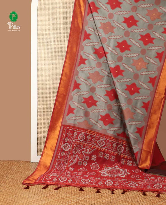 Bandc color pochmmpally ikkat design mulberry silk saree with zari katti border & zari ikkat desig pallu along with contrast blouse
