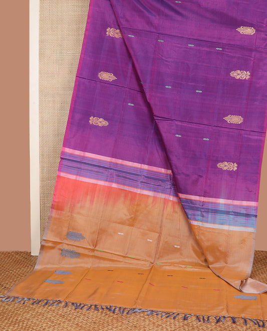 Borderless Purple Banana Pith Saree, Detailed with Buttas All Over Its Body, Complemented by a Contrast Pallu Depicting Buttas, and Paired with a Contrast Blouse