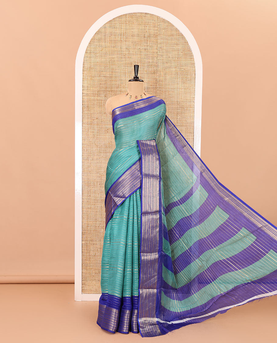 Rama horizontal zari striped moss chiffon saree, contrast traditional zari border, striped pallu, and a contrast zari design blouse