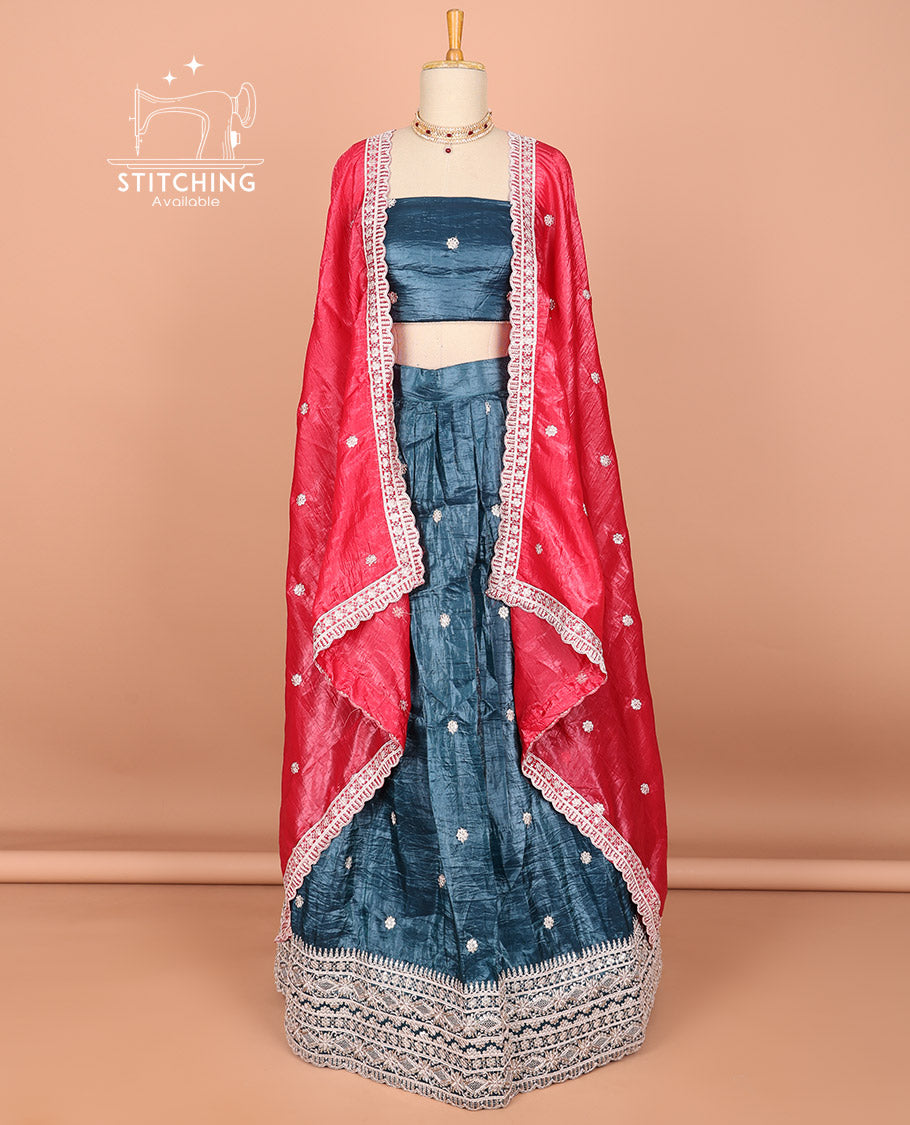Grey floral buttas embroidered half saree with self embroidered border, floral buttas blouse & floral buttas , scallop border dhavani