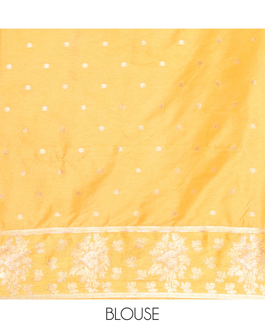 Orange Fancy Raw Silk Saree, Detailed with Floral Zari Buttas, a Contrast Floral Temple Border, Intricate Pallu, and a Contrast Blouse