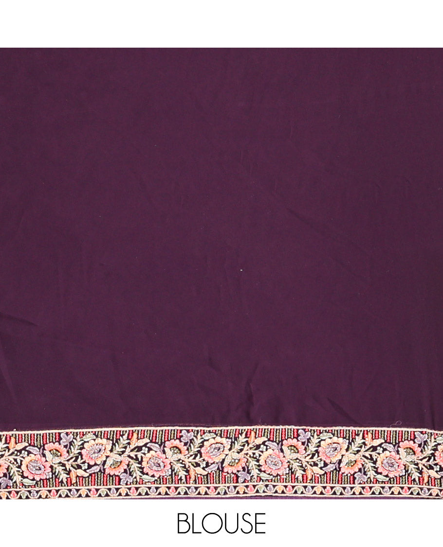 Purple Georgette Designer Saree Features Color-Thread Paisley Embroidery, Matching Blouse