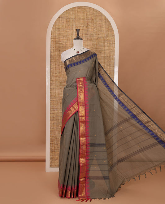 Grey zari buttas Chettinad cotton saree, contrast Ganga Jamuna temple traditional zari border, striped pallu & matching blouse