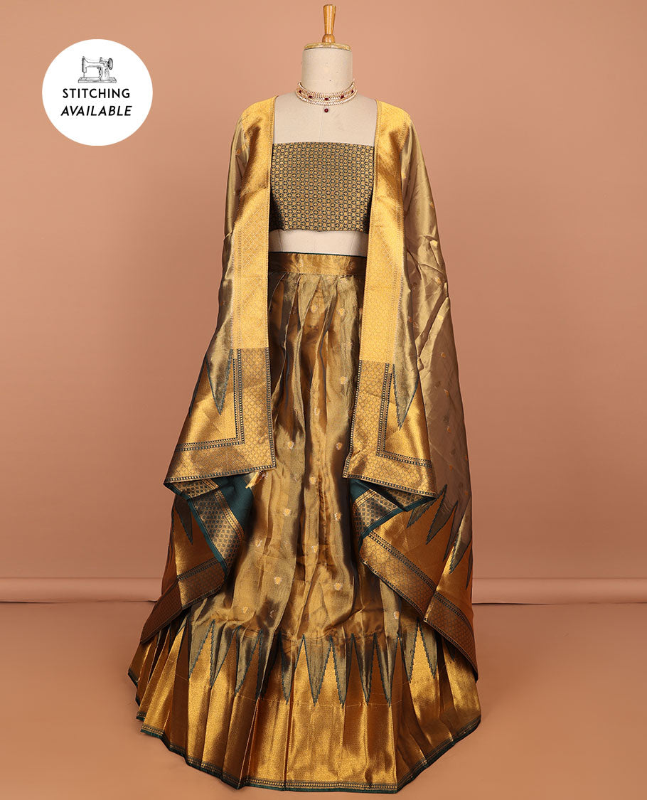 Brown buttas art silk half saree with contrast zari border, argyle pattern blouse & buttas with zari border dhavani