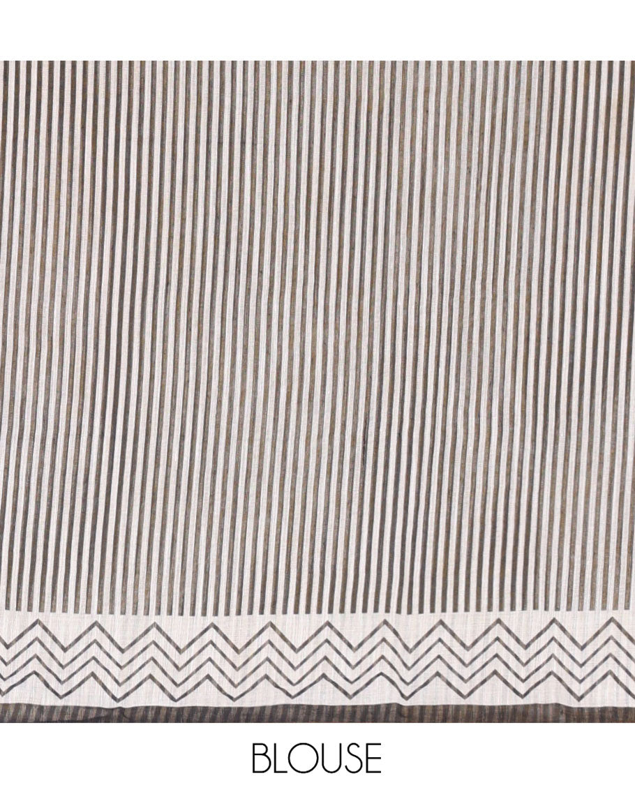 Yellow Linen Cotton Saree, Graced with Mirror Work Across Its Body, Subtly Piping Border, Contrast Pallu Steeped with Stripes, and Mirror Work, and Paired with a Contrast Vertical Stripes Printed Blouse