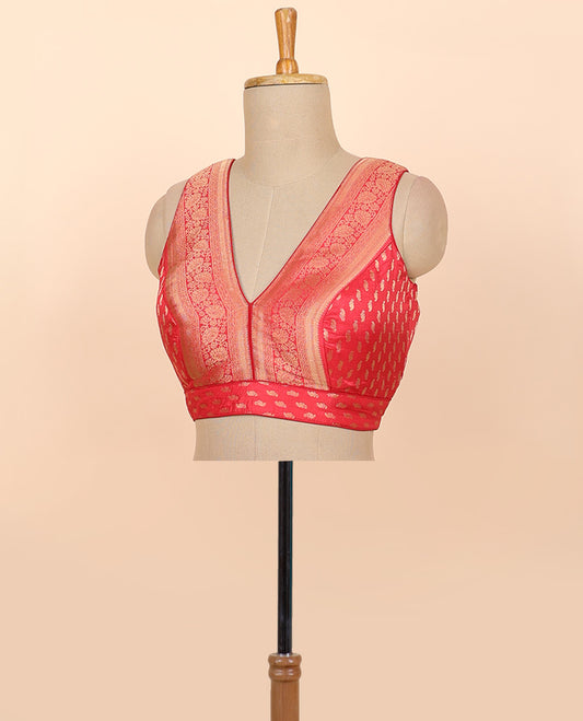 Cherry red floral zari design front & back deep v-neck raw-silk readymade sleeveless blouse