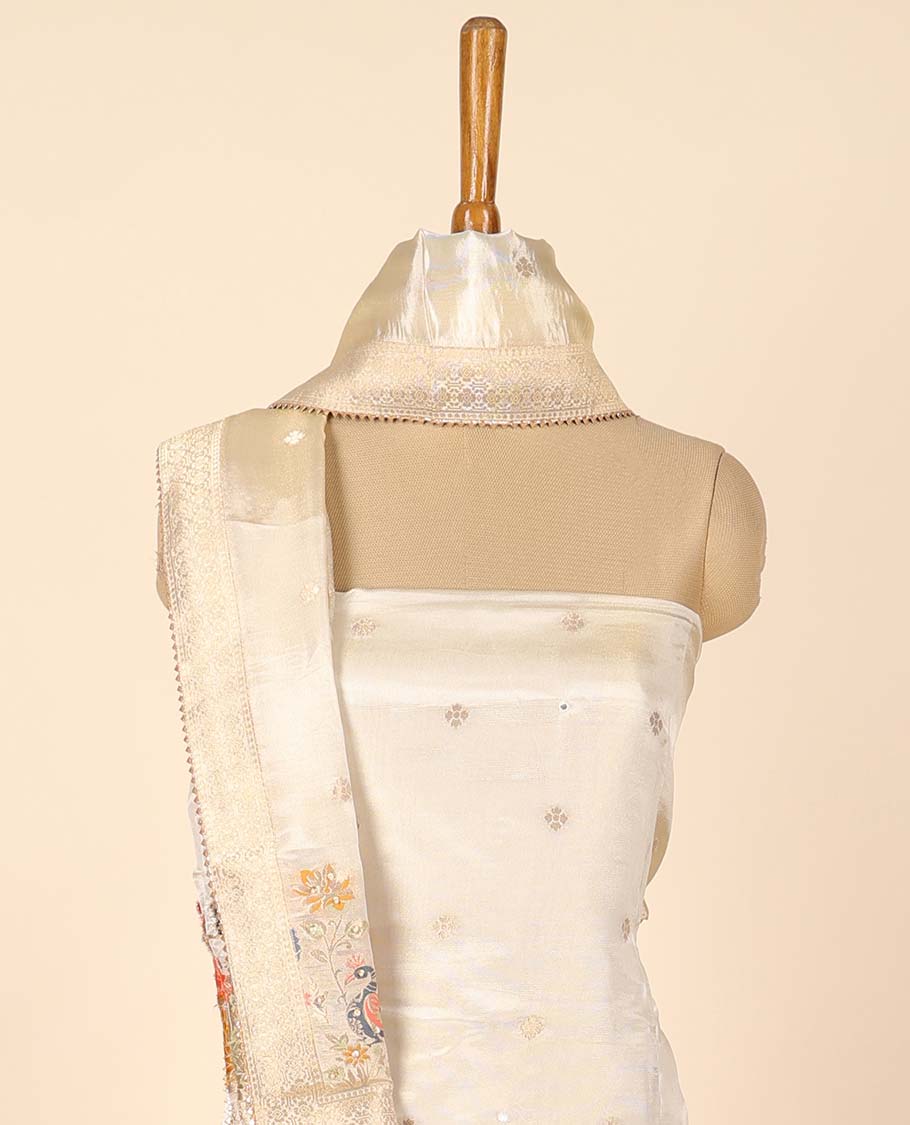 Cream material chudidhar set, embroidered top, plain bottom & floral & peacock print & embroidered dupatta