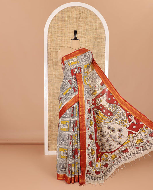 Maroon Pichwai cow, elephant, and Vinayagar motifs enclosed checked printed Mangalagiri cotton saree with contrast traditional zari borders, kalamkari printed pallu, and a floral vine printed blouse