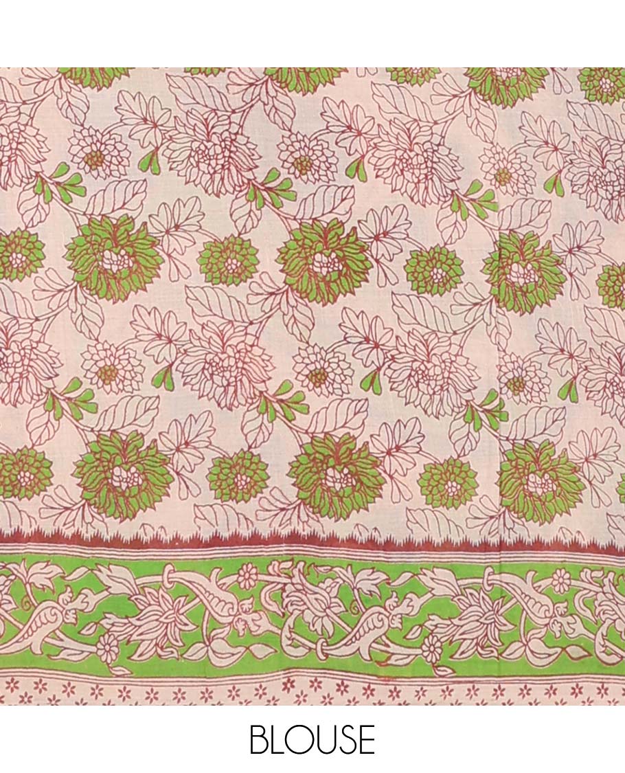 Cream floral motifs machine-printed kalamkari cotton saree with contrast- border & animal , floral motifs pallu