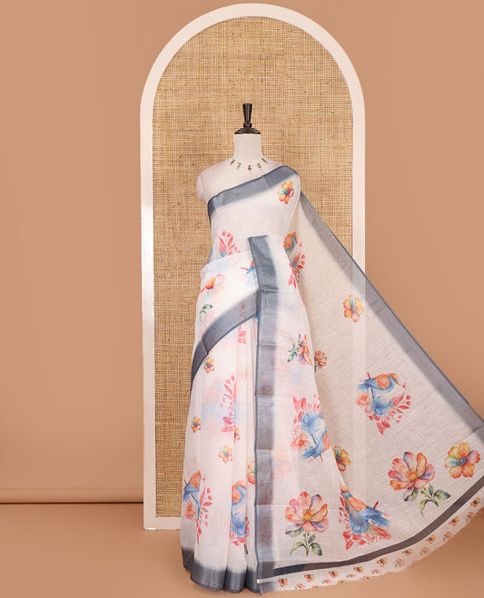 Cream-grey floral & sparrow printed linen saree, contrast zari border & floral motifs printed blouse