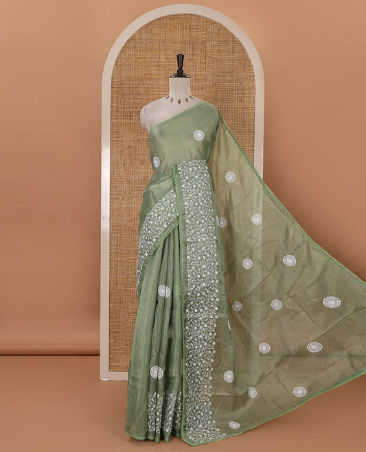 Parrot green plain & chikankari embroidered kota check saree, lace border, embroidered self-pallu & plain blouse