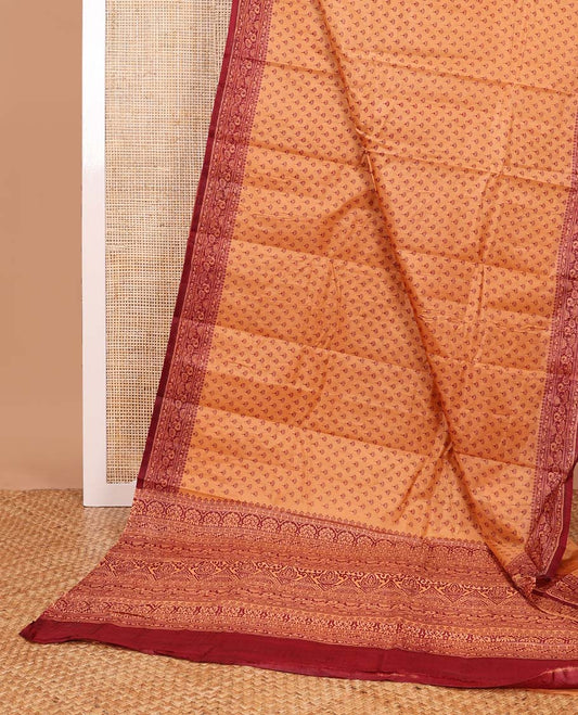 Light brown lotus design printed silk saree with contrast floral design border & floral design pallu