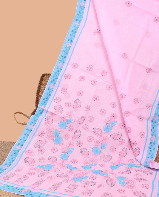 Pink floral embroidery lucknowi chikankari cotton saree, contrast floral border & floral, paisley embroidery pallu