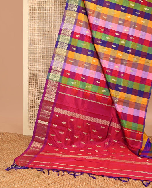 Multi-color checked, floral design kancheepuram silk saree with contrast border of paisley, banaras design & zari design pallu