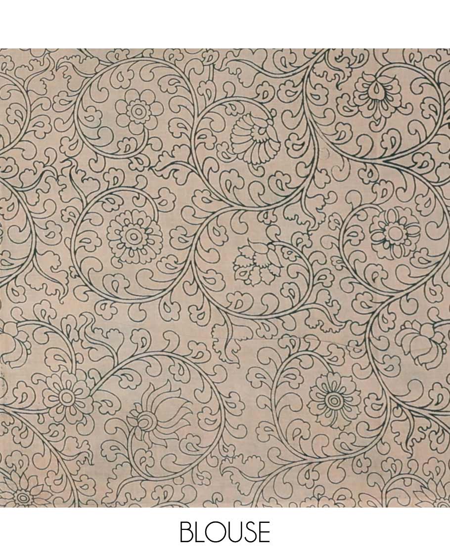 Green Geomentric design machine printed kalamkari cotton sare with contrast border & animal inspried deign pallu