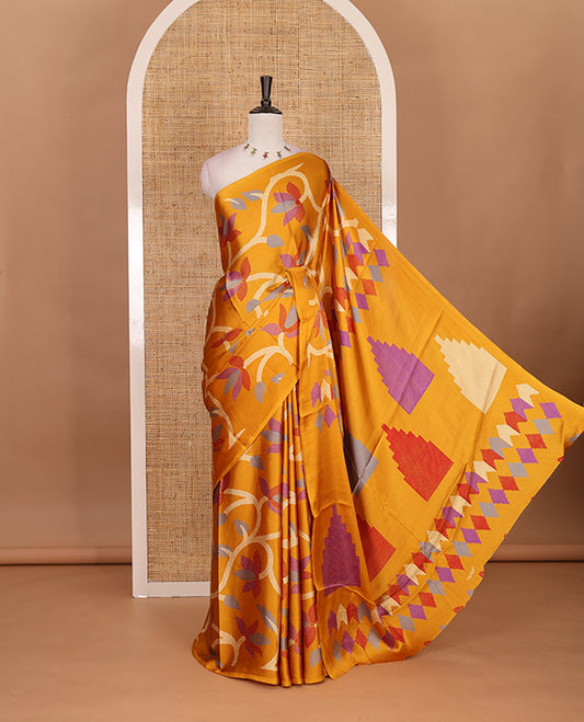 Borderless mustard jamdani weaving design gajji silk saree and  jamdani design self pallu along with printed blouse