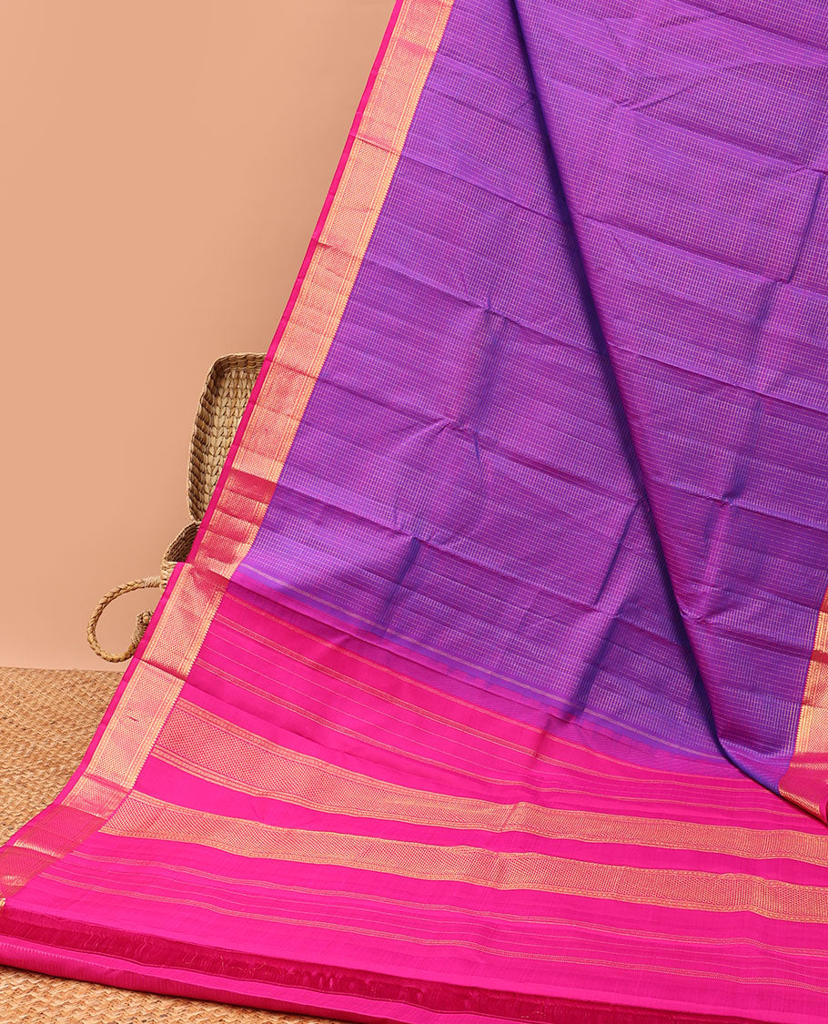 Purple  checked kancheepuram silk saree with contrast argyle design border & striped zari design pallu