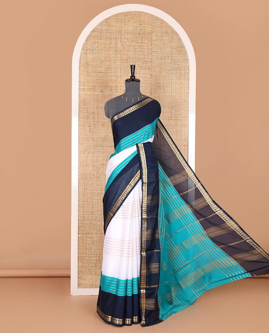 White zari striped Art Mysore silk saree, contrast light blue and navy blue dual-colored traditional zari border, zari design pallu, and a contrast zari design blouse