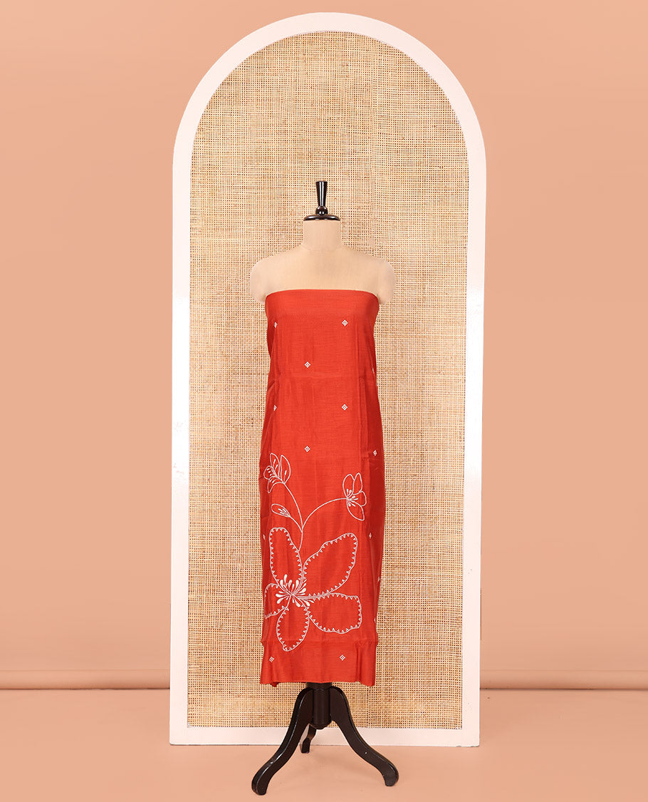 Rust Mul Chanderi Designer Material Chudidar Set, Meticulously Woven with Big Floral Motifs Embroidered On Its Top, A Plain Santoon Bottom, and Paired with a Mul Chanderi Scallop Thread Embroidered Dupatta