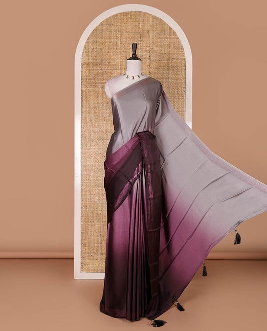 Wine ombre full-plain satin crepe saree, copper zari border, and plain blouse