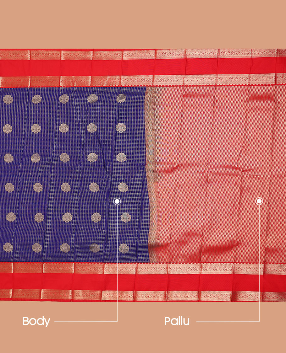 Blue Budget Silk Saree Elegantly Highlighted with Zari Checks and Buttas, Complemented by Contrast Rettai Pettu Traditional Motifs Border, Grandly Jaal Pallu, and a Contrast Blouse