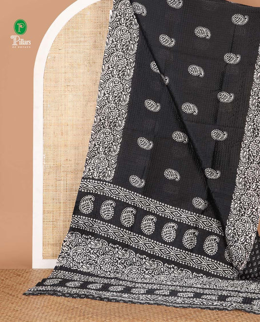 Black mango motifs batik printed litch crushed saree, mango motif border, pallu of mango & geometric print & small butta print blouse