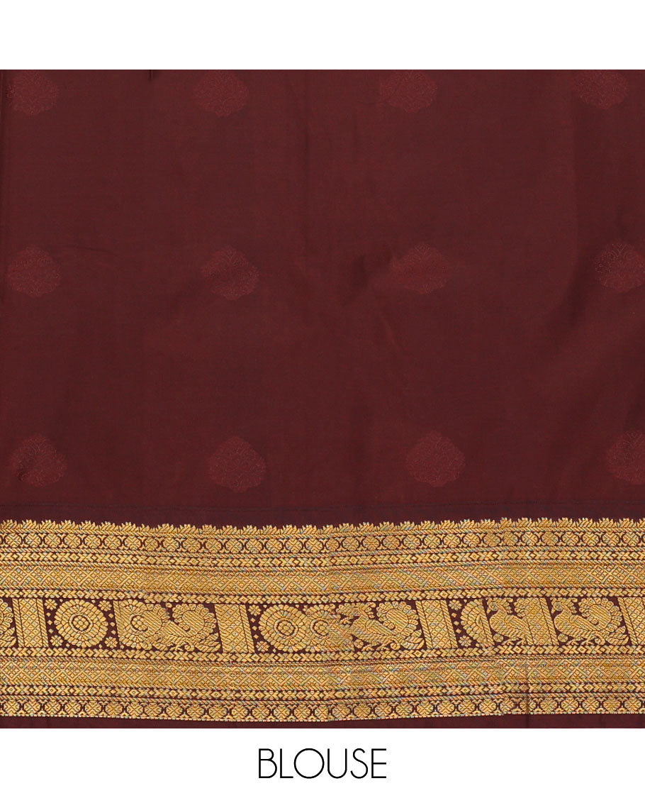 Orange Budget Silk Saree, Accentuated with Zari Buttas All Over Its Body, Complemented by a Contrast Traditional Zari Design Woven Border, Gleaming Jaal Pallu, and Paired with a Contrast Blouse