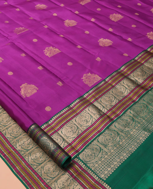 Pink Vasundhara Lite Silk Mix Saree, Majestically Detailed with Zari Buttas, a Contrast Border of Salngai, Rudraksham, Neli, and Mayil Designs, Grand Pallu, and a Contrast Blouse
