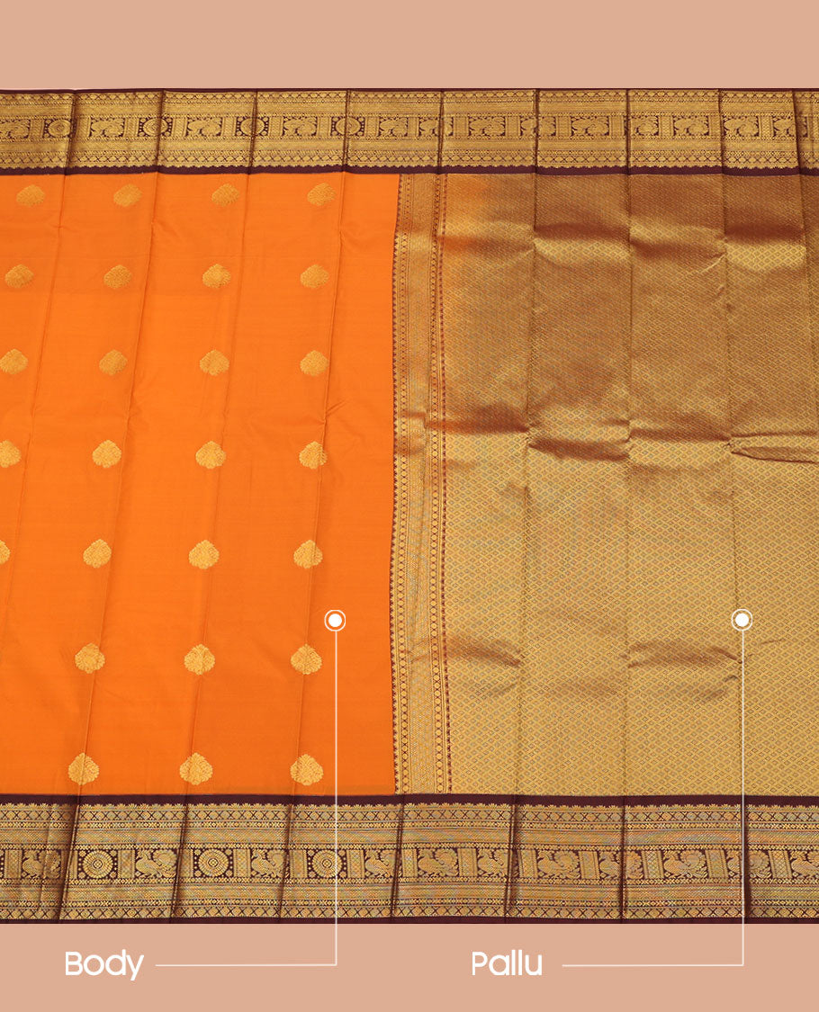 Orange Budget Silk Saree, Accentuated with Zari Buttas All Over Its Body, Complemented by a Contrast Traditional Zari Design Woven Border, Gleaming Jaal Pallu, and Paired with a Contrast Blouse